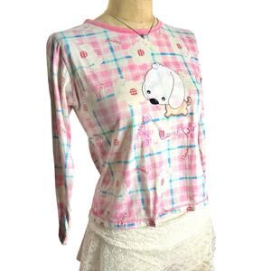 Yaxue Pink Plaid Kawaii Dog Top Coquette Y2K Cute Long Sleeve Shirt Size S